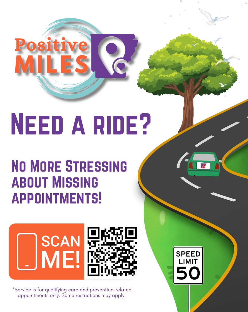 EngagingAR's tweet photo. Missing an appointment because of a ride shouldn't be part of your story. At Positive Miles, we provide free, confidential transportation to HIV medical and support appointments anywhere in Arkansas.

Book your ride here: https://t.co/s8S3gX8j75 https://t.co/IdShA580Ia