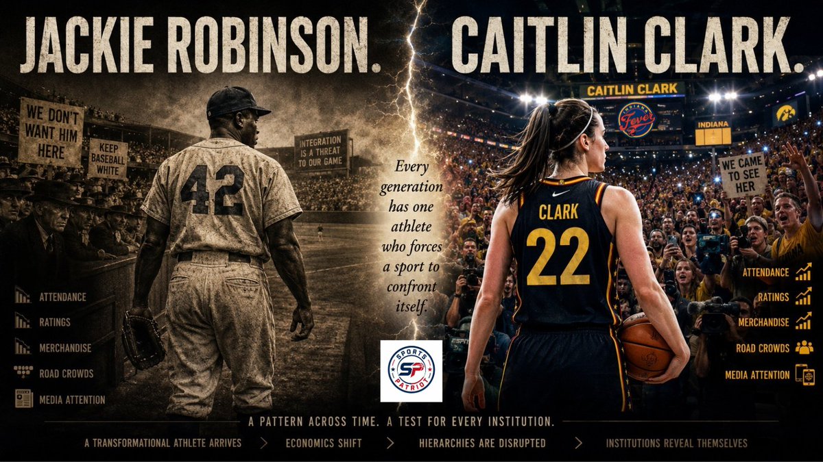 SportsPatriotUS's tweet photo. Every generation has one athlete who forces a sport to confront itself.

Not because they're simply great.

Because they become impossible to ignore.

Jackie Robinson did it to baseball.

Caitlin Clark is doing it to women's basketball.

When Jackie Robinson arrived, he didn't just challenge pitchers.

He challenged an established order.

The resistance wasn't merely about baseball.

It was about who belonged.

Who deserved the spotlight.

Who got celebrated.

Who controlled the story.

Now fast forward nearly eighty years.

The WNBA has never had a player who changed its business overnight the way Caitlin Clark has.

Attendance.

Television ratings.

Merchandise.

Corporate sponsorships.

Road crowds.

Media attention.

Every measurable business metric moved.

Yet something else moved too.

Resistance.

Not just from fans.

Not just from media.

From inside the sport itself.

Here's where the conversation becomes uncomfortable.

When we analyze Jackie Robinson, race is considered essential to understanding the reaction he faced.

When we analyze Caitlin Clark, many insist race should not even be discussed.

Why would we use two different standards?

No, the historical circumstances are not the same.

But why should race automatically be central in one conversation and automatically be forbidden in the other?

If Caitlin Clark were a different race or had a different sexual preference, would the conversation surrounding her treatment look exactly the same?

None of us can answer that with certainty.

But pretending the question itself is illegitimate is avoidance.

The interesting similarity between Robinson and Clark isn't the reason for the hostility.

It's the pattern.

A transformational athlete enters an established culture.

That athlete immediately becomes larger than the sport.

The economics change.

The attention shifts.

Existing hierarchies are disrupted.

Some embrace the change.

Others resist it... even when the change benefits everyone financially.

History doesn't repeat itself.

But human nature often does.

Maybe that's the real lesson both stories share.

Now let's look at the pattern.

Not one incident.

Not one hard foul.

Not one controversial opinion.

The accumulation.

The greatest economic catalyst in league history is left off the Olympic team.

The player driving record television ratings and attendance is omitted from the league's 30th anniversary promotional artwork.

Repeated physical plays... some occurring well away from legitimate basketball action... become national stories.

Former players and television personalities repeatedly minimize her impact. Some have argued the league no longer needs Caitlin Clark now that she has "brought the eyes."

Each event, viewed in isolation, can be explained.

Maybe the Olympic roster was about experience.

Maybe the promotional artwork had another creative direction.

Maybe every hard foul was simply part of basketball.

Maybe every television analyst is offering an honest basketball opinion.

Those are all possible explanations.

But many fans aren't reacting to isolated events anymore.

They're reacting to the pattern.

That is why so many people have begun asking uncomfortable questions.

Not because they know the answer.

Because the same answer seems to appear regardless of the question.

When every controversy consistently moves in one direction, people naturally begin searching for a common explanation.

Some conclude the resistance is rooted in jealousy.

Others believe it is about protecting an established hierarchy.

Others see generational resentment.

Others see race.

Others see sexuality.

Others see some combination of all of the above.

The point is not that one explanation has been proven.

The point is that these explanations exist because the pattern exists.

Sports fans have always accepted disagreement.

What they struggle to accept is inconsistency.

If Caitlin Clark's impact is unprecedented, why is acknowledging that impact so controversial?

If she is the league's biggest financial success story, why does recognition of that success seem to divide people rather than unite them?

Those are questions worth asking.

Not because the answers are simple.

But because history has shown us that transformational athletes rarely expose only weaknesses in their opponents.

Sometimes they expose unresolved tensions within the institutions themselves.