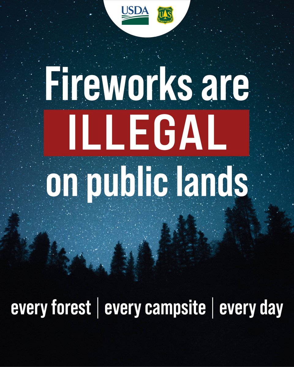 salmonchallisnf's tweet photo. Do your part to prevent wildfire.

As we celebrate 250 years of American independence, remember that fireworks are prohibited on public lands.

Possessing, igniting, discharging, or using any kind of fireworks is prohibited on national forests and grasslands. https://t.co/8gjXPcNY6n