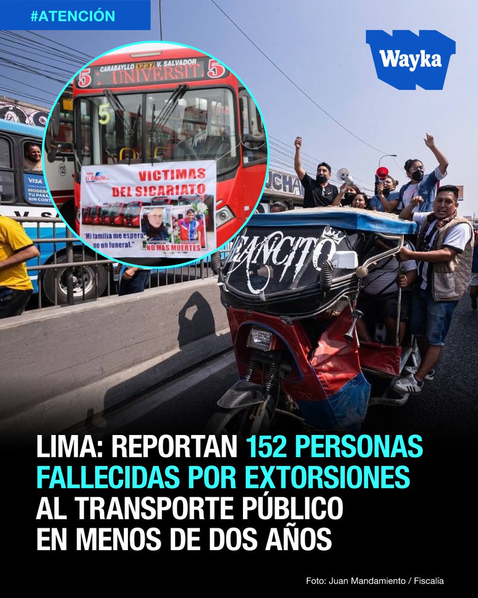 WaykaPeru's tweet photo. Para ser parte de la resistencia informativa, sigue el enlace en el primer comentario.

#Atención | 🚨Entre agosto de 2024 y mayo de 2026, el Ministerio Público registró  214 atentados contra transportistas y 152 personas fallecidas a causa de la ola de extorsiones al  transporte público en Lima Metropolitana.

Además, en el mismo periodo, otras 131 personas resultaron heridas. En total, la autoridad registra 283 víctimas entre heridos y fallecidos.