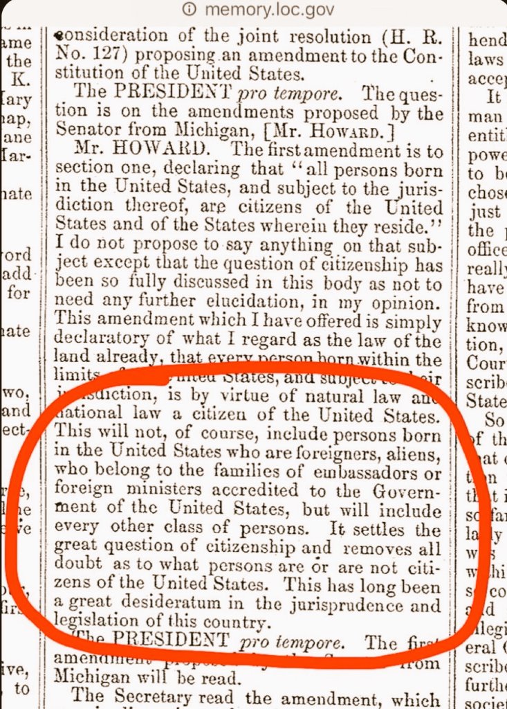 OldeWorldOrder's tweet photo. The framers of the 14th Amendment were very clear about Birthright Citizenship:

"This will not, of course, include persons born in the United States who are foreigners, aliens..."

The Supreme Court just abandoned the Constitution, folks. https://t.co/dtYxTArgGr