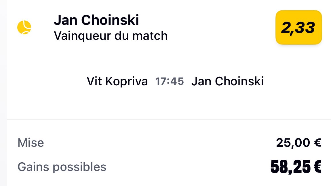SikaPronos's tweet photo. Deuxième bet tennis du jour !

🎾 Choinski @ 2,33 (1%)

RT/❤️ si tu suis https://t.co/ZLsq1mSjhb