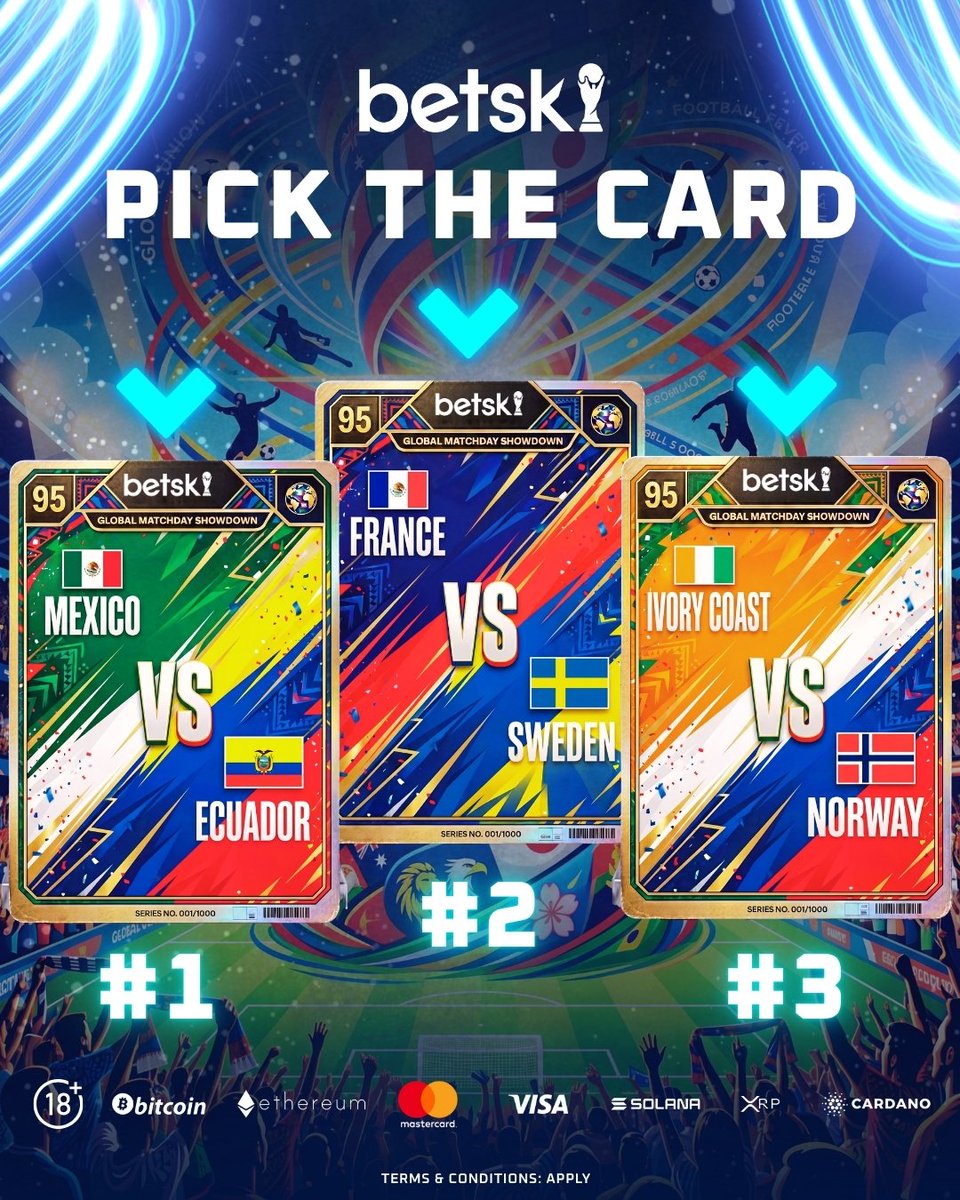 Betski's tweet photo. 🔥 Pick the Card 
⚽ Which match will have the most goals? 
☝️ Choose #1, #2 or #3
🎯 Pick your card and back your choice
❤️ Like and share to enter
💸 5 winners will get a $25 Freebet
👇 Drop your pick in the comments now https://t.co/RDIuKVGcMN