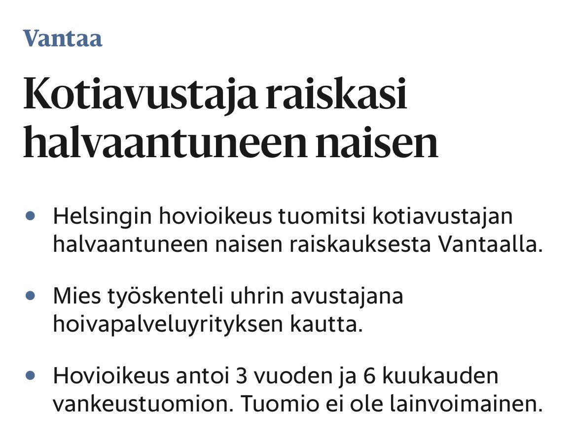 ir_rkp's tweet photo. Muistatteko joitakin vuosia sitten, kun Ruotsista alkoi kantautua järkyttäviä uutisia vanhusten ja vammaisten joutumisesta seksuaalisen väkivallan kohteeksi hoitajien taholta? 

Tämäkin ilmiö on jo vakiintunut Suomeen. Tapauksia lienee paljon enemmän kuin onnistutaan tuomiolle saamaan.