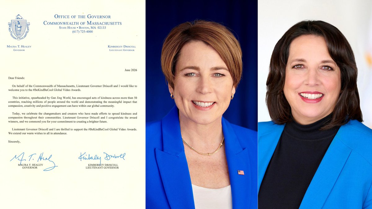 GanJingWorld's tweet photo. Massachusetts Governor Maura Healey and Lieutenant Governor Kim Driscoll have issued an official letter of support for Gan Jing World's #BeKindBeCool Global Awards — celebrating a movement that has inspired acts of kindness across more than 50 countries and reached millions worldwide.
In an age of online harm, choosing kindness matters more than ever. Thank you, Massachusetts, for standing with us.