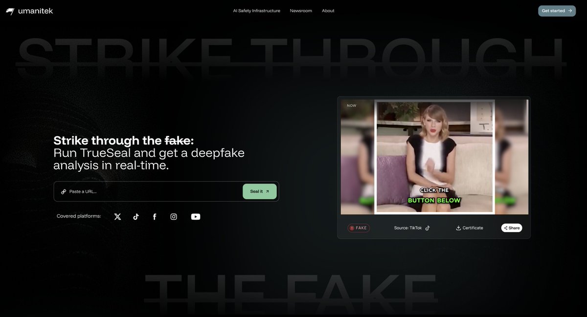 umanitek's tweet photo. Your judgment alone is no longer good enough to tell what is real online.

This week we're introducing Guardian True Seal: verifiable image and video analysis that strikes through the f̶a̶k̶e̶ and delivers an auditable result on @origin_trail.

Available Thursday. https://t.co/WkjsBHuQFe