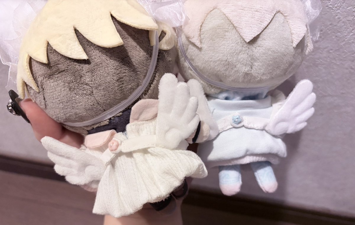 昨日買ったジャーメぬい服、天使の羽着いてるから双子てるに着せてみ