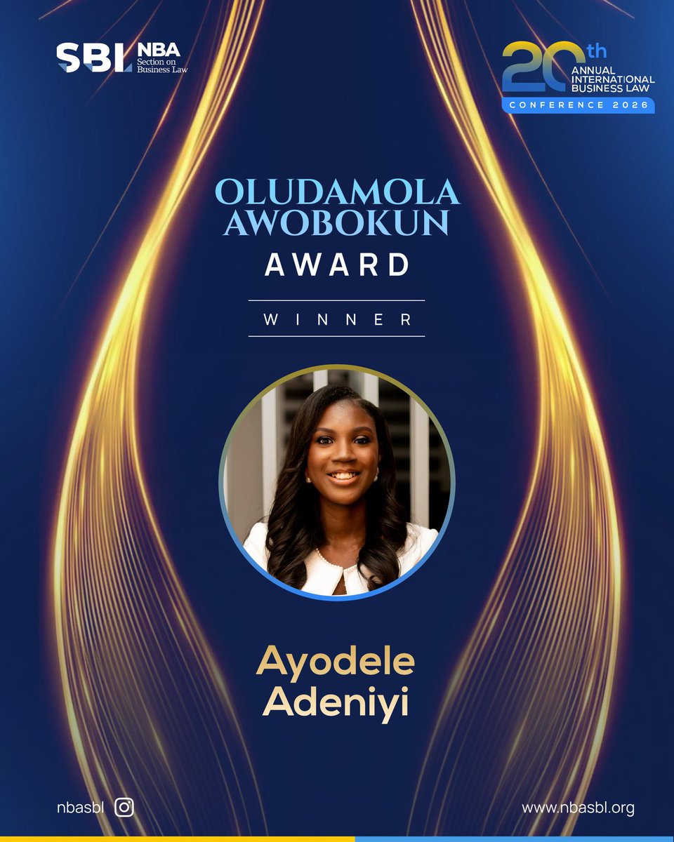 nbasblofficial's tweet photo. A huge congratulations to Ayodele Adeniyi for winning the prestigious Oludamola Awobokun Award at the 20th Annual International Business Law Conference. 

Thank you for your exceptional dedication and outstanding contributions to the SBL

#NBASBL2026 #LegalExcellence #BusinessLaw #Awards