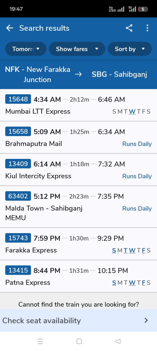 VDiptikar's tweet photo. @EasternRailway Kindly see the list of train from New farrakka to Sahibganj (SBG) in the morning to evening. There are no any passenger train between 6:14 AM to 5:12 PM in this route.  @drmmalda, @RailMinIndia, @AshwiniVaishnaw https://t.co/mGjloij4vu