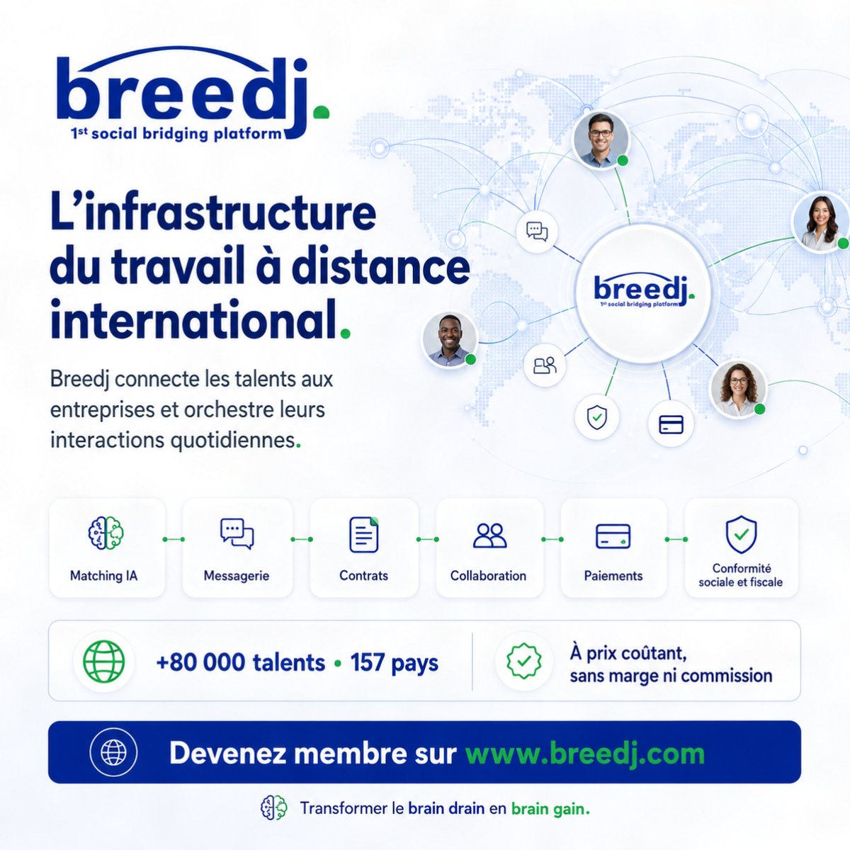 Breedj_official's tweet photo. #Breedj construit l’infrastructure du marché du travail à distance international.
Avec Breedj, les entreprises accèdent à +80 000 talents dans 157 pays, via une technologie #HumanTech propulsée par l’IA.
#Fintech #HRTech #RemoteWork #IA https://t.co/YUSAz907YC