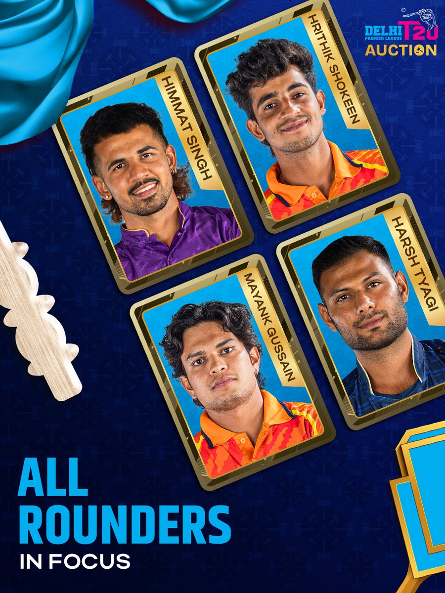 DelhiPLT20's tweet photo. The auction’s biggest X-factors are here. ⚡
One bid could land your team the perfect all-rounder. Who’s your must-buy? Tell us in the comments! 👇🔥
#delhipremierleague #dpl #auction #allrounders #cricket https://t.co/U0XscJJ1ip