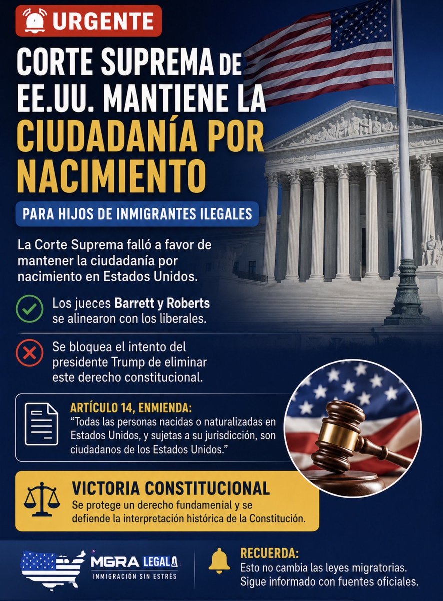 Hermessanchezd's tweet photo. #ultimahora Respeto a la Constitución. La Corte Suprema de Estados Unidos reafirmó que la ciudadanía por nacimiento continúa protegida por la Enmienda 14 de la Constitución. https://t.co/Vf85uTbLOW