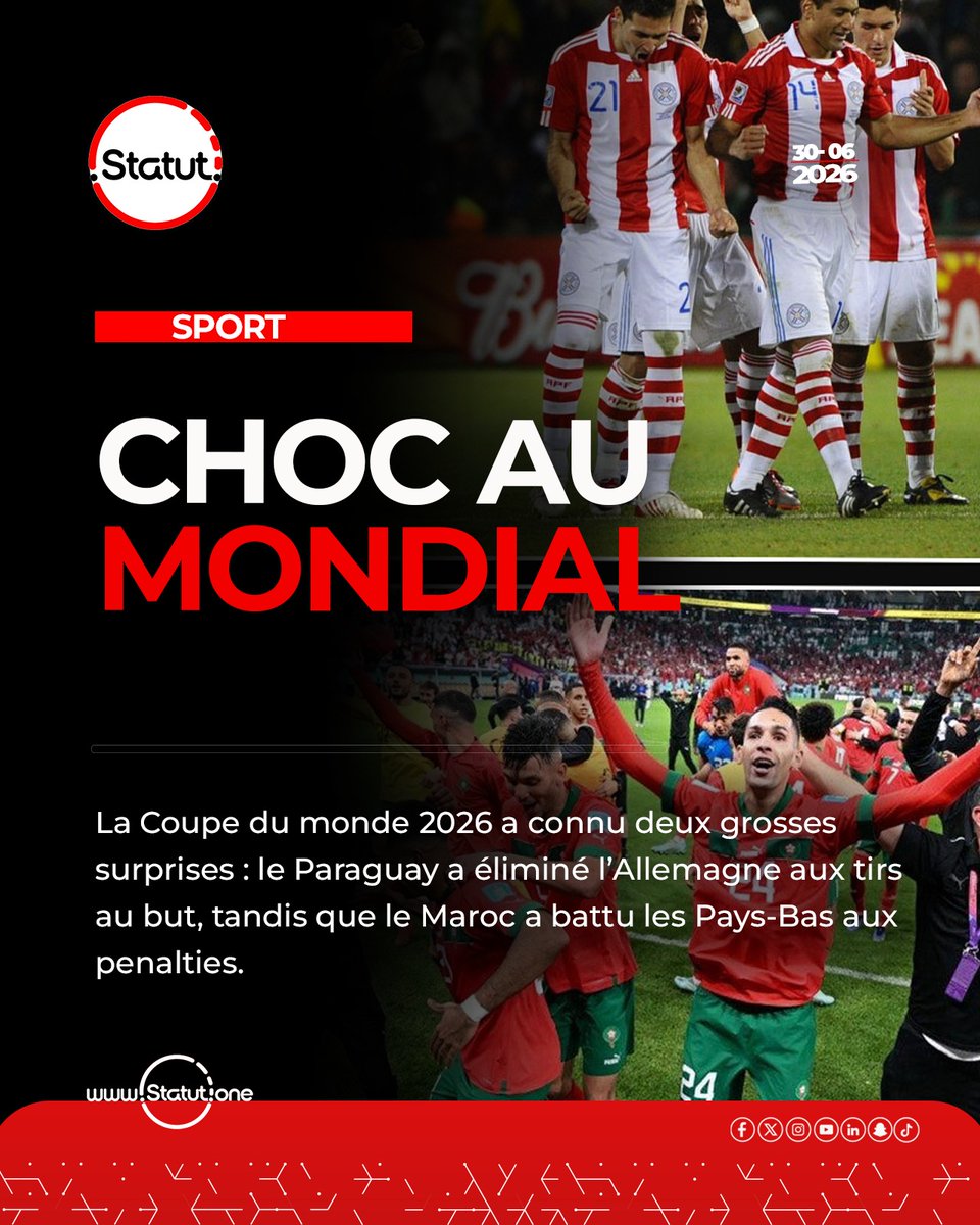 Statut_12's tweet photo. 🚨⚽ CHOC AU MONDIAL 2026 !

La Coupe du monde vient de vivre une journée complètement folle, avec deux surprises majeures qui font trembler la planète football.
Le Paraguay a créé l’exploit en éliminant l’Allemagne aux tirs au but. https://t.co/ZIXrDA6rII