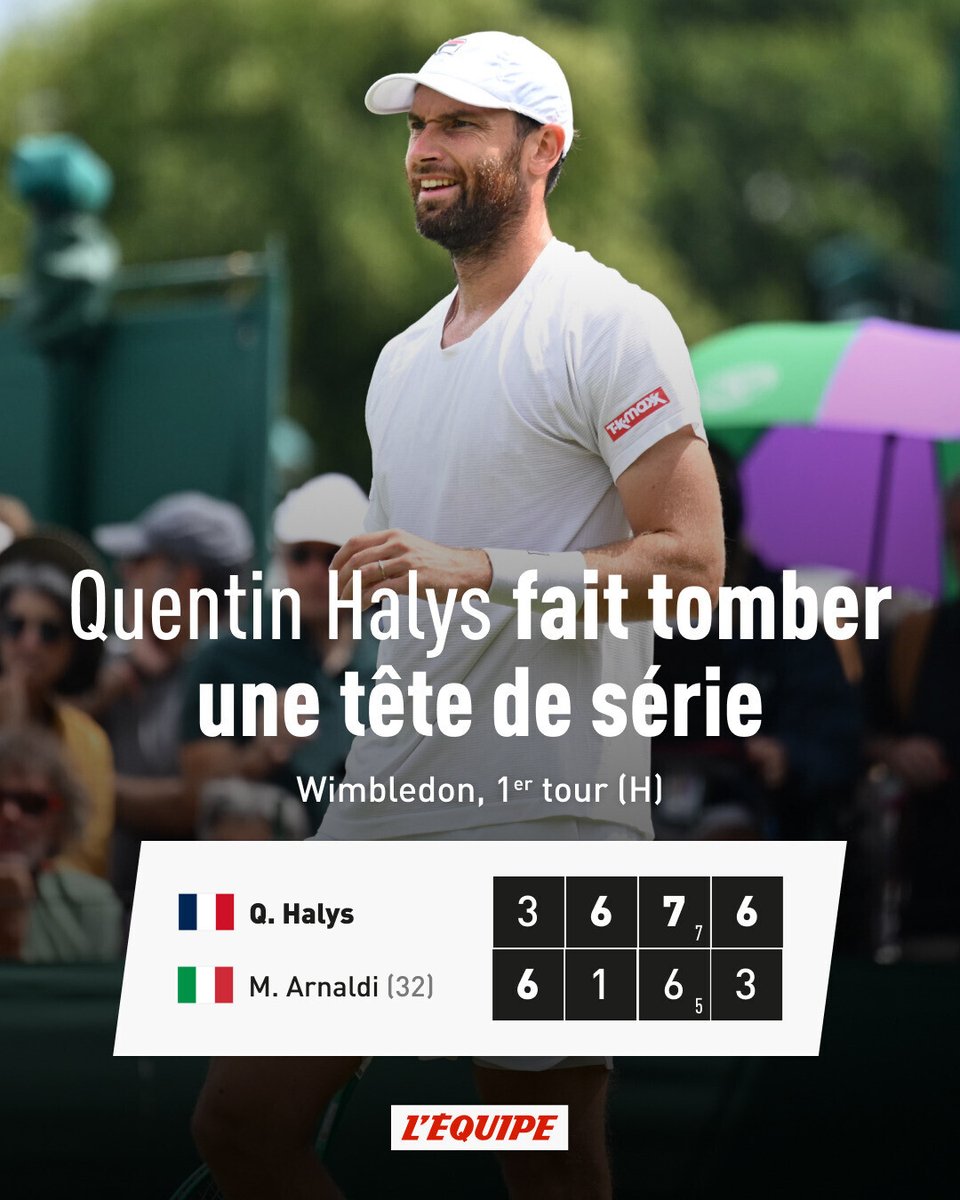 lequipe's tweet photo. Malgré la perte du premier set, Quentin Halys a su renverser la situation face à Matteo Arnaldi (3-6, 6-1, 7-6 [5], 6-3) pour rallier le deuxième tour de Wimbledon. https://t.co/ZfvdIpN2da https://t.co/12U5r0rcii
