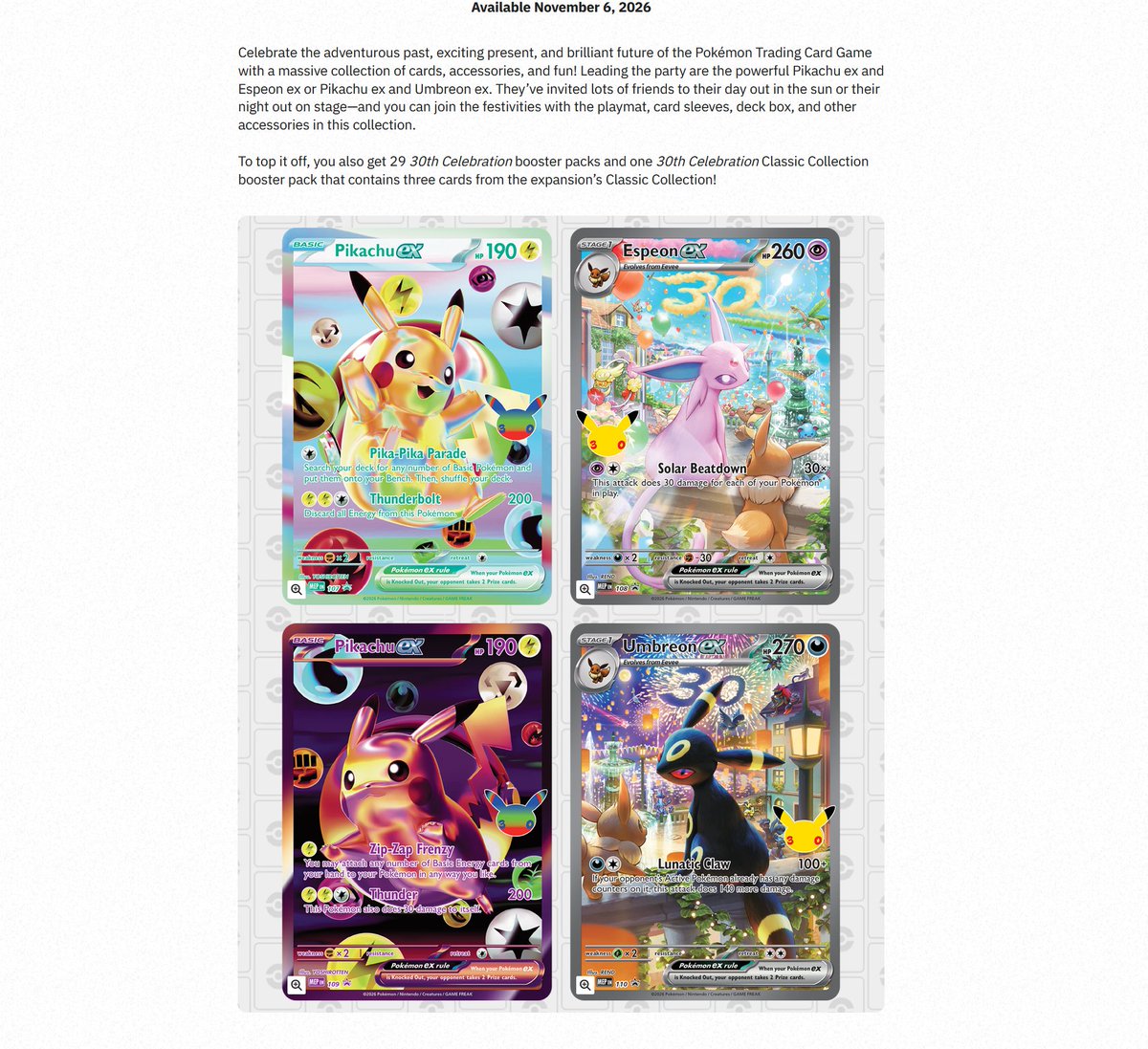 PokeHEX5555's tweet photo. OH...MY...GOD

There is just NO WAY.

These UPCS are INSANE...they are next level.

Not only are the Promos borderline crazy good for both boxes. There are 29 Packs in each UPC...TWENTY NINE BOOSTER PACKS...My God

All this alone is crazy.

But look at that last sentence and my mind is blown away.

The UPCs include a special 30th Celebration Classic Collection Booster Pack containing 3 cards for the Classic Collection....WHAT?!?

So the Classic Collection cards can ONLY be obtained in this special pack and there is only one per UPC and you only get 3/30 cards?

The Rumors of this Box being $199 MSRP may very well be real now. I can't believe they wouldn't include the Classic Collection in the Set itself.

Will there be separate dedicated boxes released for the Classic Collection like how they are doing those specialized First Partner Packs?

Or

Truly the only way to obtain these packs is via the UPC? This is WILD, I have so many questions.