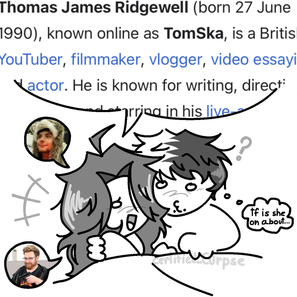 CertifiedC0rpse's tweet photo. Heres a doodle I doodled of how me and my bestfriend fell asleep the other night. Thank you, Conner, for listening to me list a trillion fun facts about @thetomska while we were barely awake https://t.co/sgxRv2i7Fd