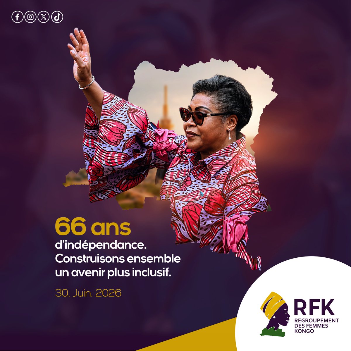 rfk_rdc's tweet photo. 66 ans d'indépendance, 66 ans d'espoir et de résilience.

Aujourd'hui, nous célébrons le chemin parcouru par la RDC et renouvelons notre engagement pour un avenir où chaque femme a sa place, sa voix et les mêmes opportunités de contribuer au développement de notre nation.

Parce qu'un Congo plus fort se construit avec des femmes autonomes, engagées et actrices du changement.

En cette journée historique, le Regroupement des Femmes Kongo (RFK) souhaite à tous les Congolais une excellente fête de l'Indépendance.

Construisons ensemble un avenir plus inclusif.

#Indépendance #RDC #30Juin #RFK #FemmesDuCongo #Inclusion #LeadershipFéminin #ConstruireEnsemble