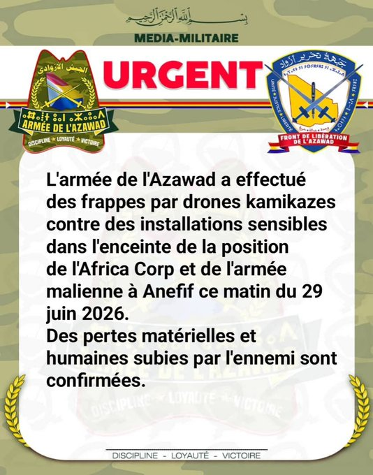 VoixPlateau's tweet photo. #Azawad #Kidal  L'armée de l'Azawad a mené, ce matin du 29 juin 2026, des frappes par drones kamikazes contre des installations sensibles à l'intérieur de la position occupée par l'Africa Corps et l'armée malienne à Anefif. https://t.co/hHEZzmtLaM