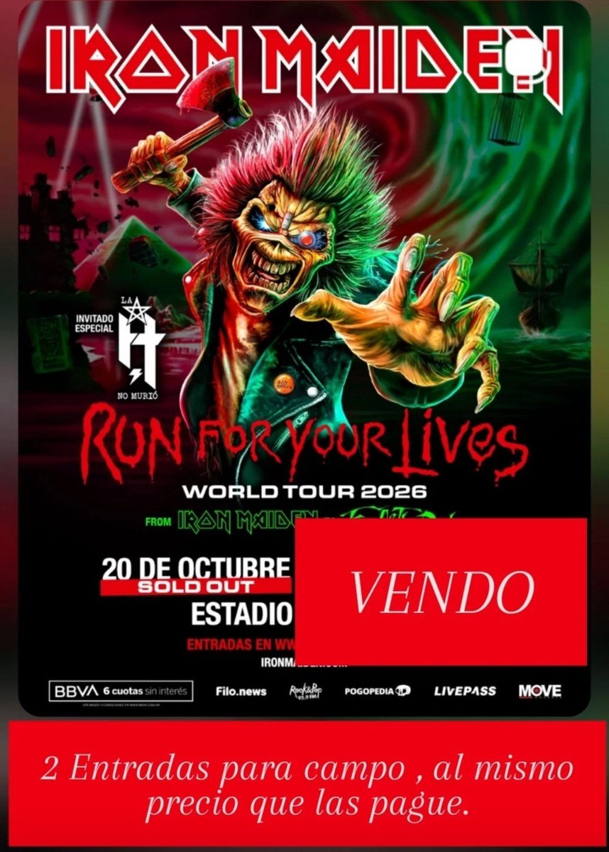 gabocordo's tweet photo. Con muchísimo dolor me toca vender mis entradas para Iron Maiden. Me parte el alma no poder estar ahí; era un recital que esperaba hace muchísimo tiempo. Ojalá alguien pueda disfrutarlas como yo soñaba. Si a alguien le interesan, que me escriba por privado. https://t.co/OygMKbKSS6