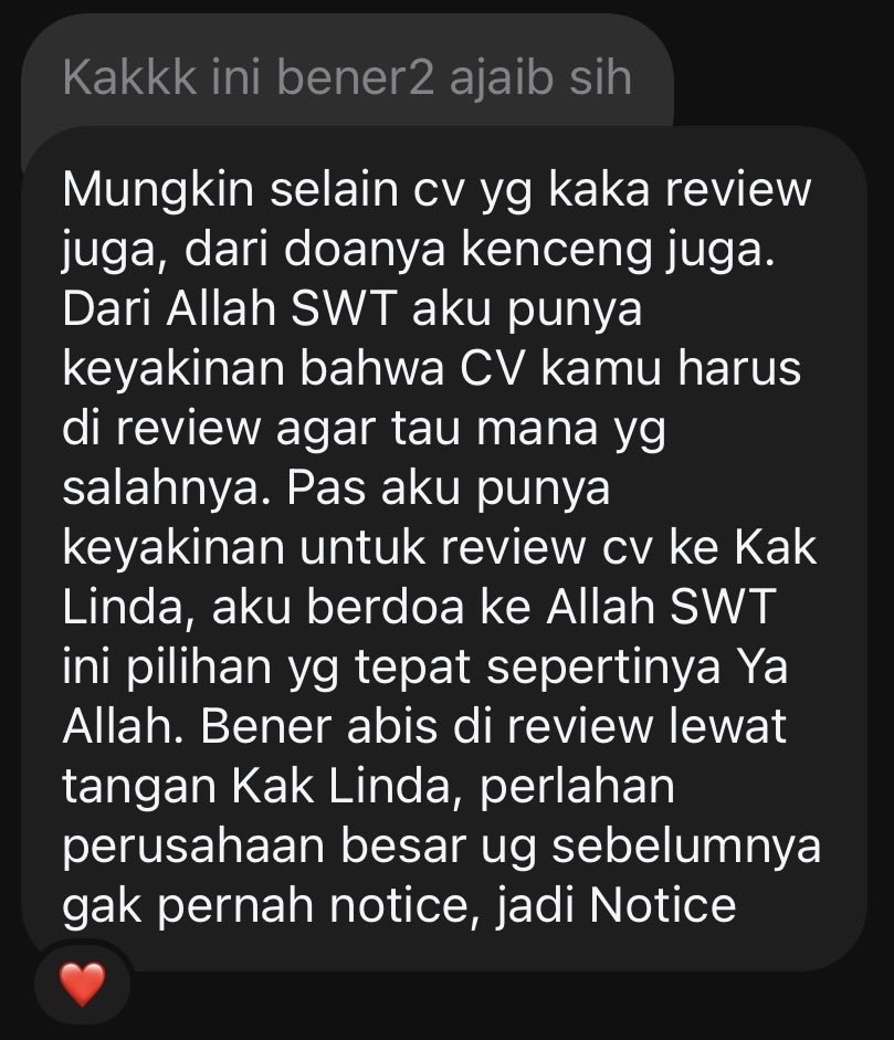 lindarafeby's tweet photo. Ga pernah muncul di X, tiba tiba muncul bikin orang lain kepanggil tes karena abis direview CV nya sama aku😭

Akhirnya, hasil review CV 5 ribuan membawa panggilan kerjaaa😭😭

TAKBIRRR merinding sebadan badan😭 https://t.co/5LzUlX659j