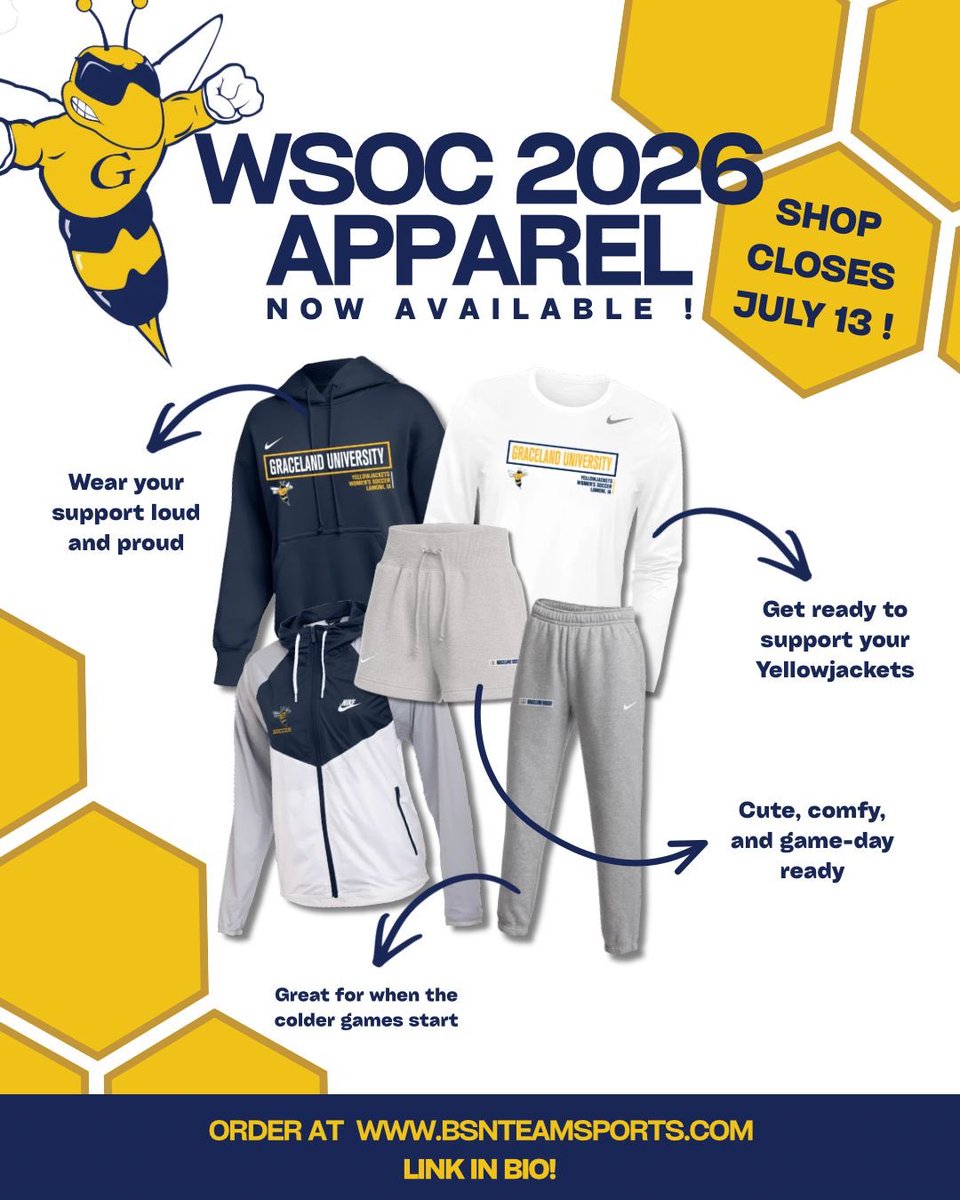 Graceland_wsoc's tweet photo. The GU Women’s Soccer Apparel Store is NOW OPEN!
Show your support with exclusive GU Women’s Soccer gear!
Don’t wait too long, the online store closes July 13! Be sure to place your order before the deadline and rep GU Women’s Soccer all season long.
https://t.co/M9ab7vEDcD  💙💛 https://t.co/vIyC5yuEua
