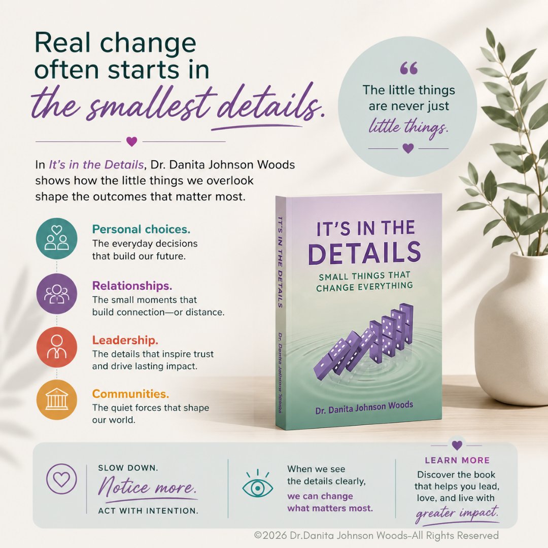 drdanitajohnson's tweet photo. The biggest changes often begin with the smallest details.

Discover how paying attention to what matters most can transform your life.

📖 Get your copy: https://t.co/zjfw76P27V

#ItsInTheDetails #Leadership #PersonalGrowth #kindleunlimited https://t.co/23ZwKMbD1m