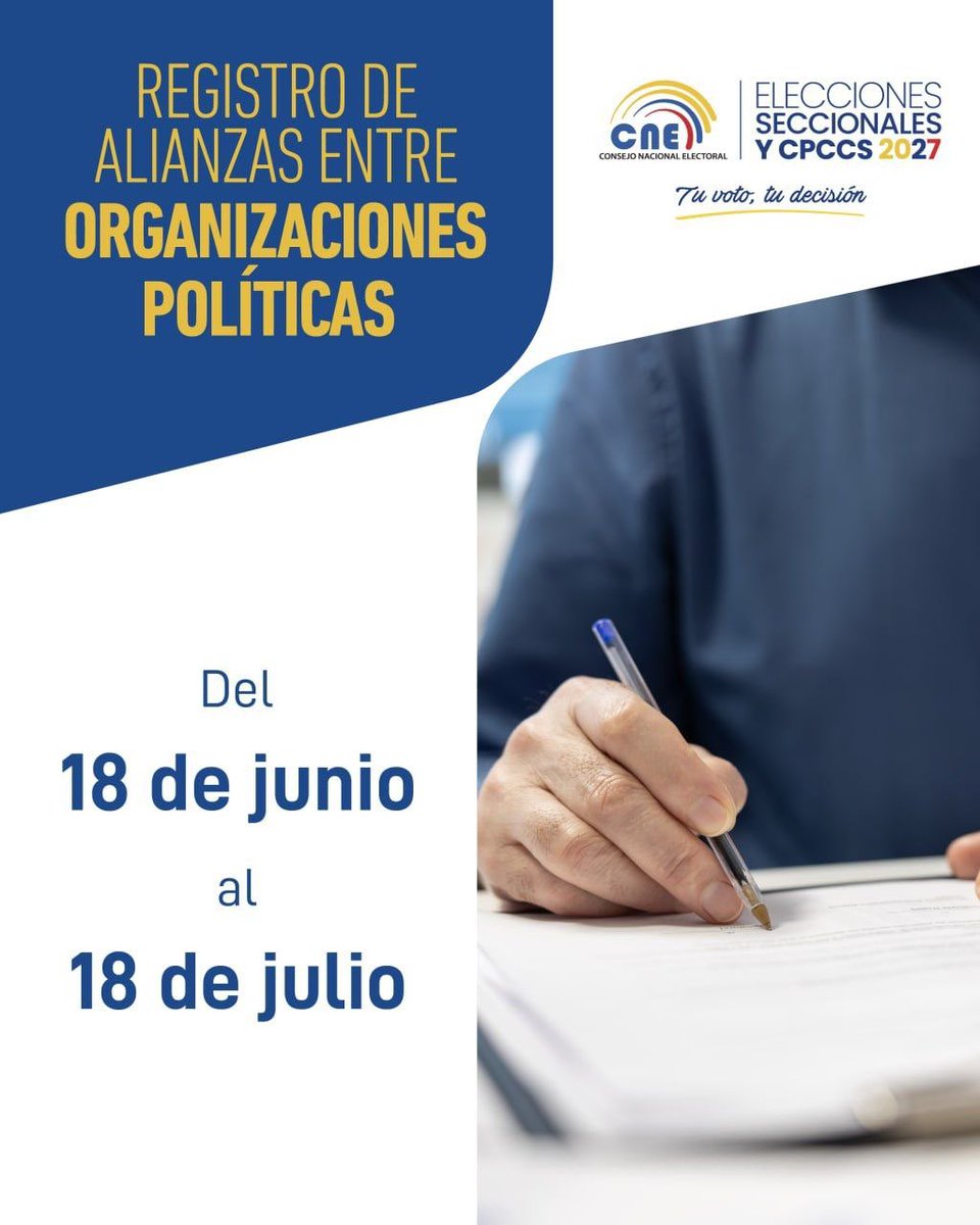 MoronaCne's tweet photo. 📌 #Elecciones2027Ec

🤝 Del 1️⃣8️⃣ de junio al 1️⃣8️⃣ de julio, las organizaciones políticas podrán registrar sus alianzas electorales.

📲 Más información en: https://t.co/s7LNUHYGQe https://t.co/bqPsNTQri8