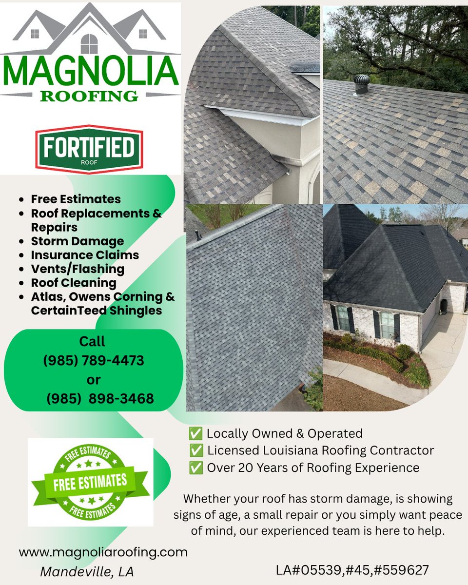 RoofingMagnolia's tweet photo. 🏡 Your Local, Trusted Roofing Experts for Over 20 Years
 ✅ Locally Owned &amp; Operated
 ✅Licensed Louisiana Roofing Contractor
 ✅Over 20 Years of Roofing Experience
 ✅Quality Materials &amp; Professional Workmanship
 ✅Honest Estimates &amp; Reliable Service
 #roofing https://t.co/NXb78X12VY