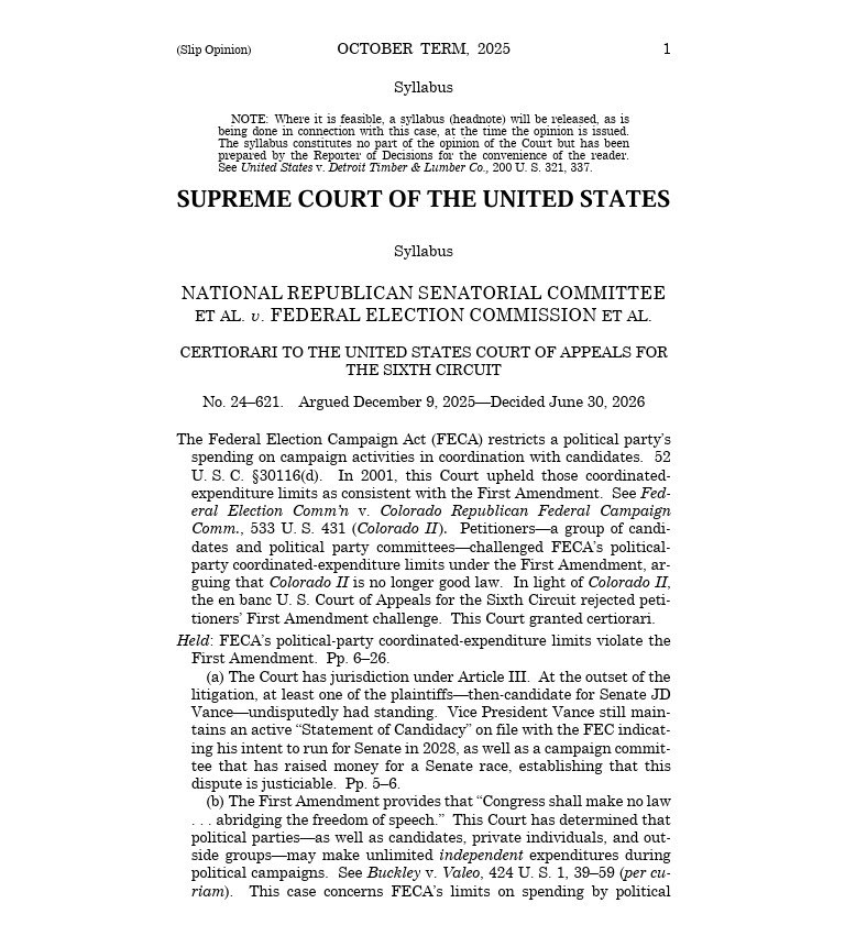 Breaking911's tweet photo. BREAKING: The Supreme Court ruled 6-3 to strike down federal limits on how much political parties can spend in coordination with their candidates, finding the restrictions violate the First Amendment. https://t.co/Nx5BsyjAN8