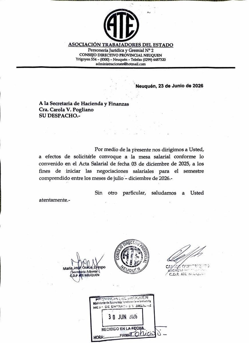 horaciorusso's tweet photo. El Ejecutivo Prov. de Nqn no ha dado respuesta al pedido formal de reunión por parte de @ATE_neu por la recomposición salarial del 2° semestre, la nota fue entregada hace 1 semana. https://t.co/y7TwxBhoGu