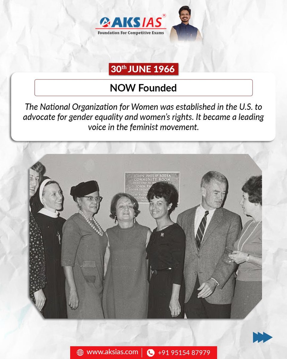 aks_ias's tweet photo. June 30 

The National Organization for Women (NOW) was founded, advancing the fight for gender equality.
Dadabhai Naoroji's legacy lives on.
Hul Diwas marks the Santhal Revolt against colonial oppression.

History shapes the present.

#OnThisDay #UPSC #CurrentAffairs #AKSIAS https://t.co/2kuNRVMnmH