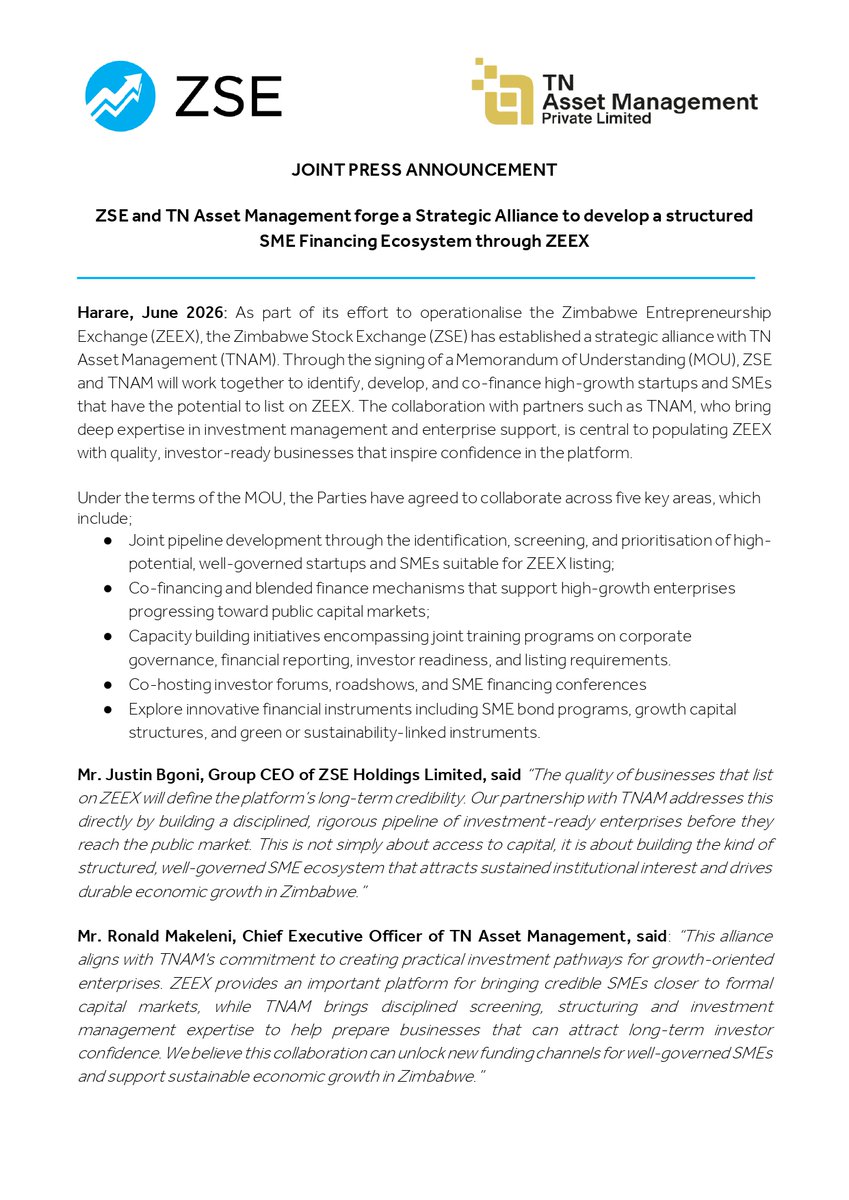 fincentcapital's tweet photo. The Zimbabwe Stock Exchange (ZSE) and TN Asset Management (TNAM) have signed a strategic partnership to develop a pipeline of high-growth startups and SMEs for listing on the Zimbabwe Entrepreneurship Exchange (ZEEX). 
https://t.co/mQgGHjrQT6 https://t.co/TOTZMhrEGl