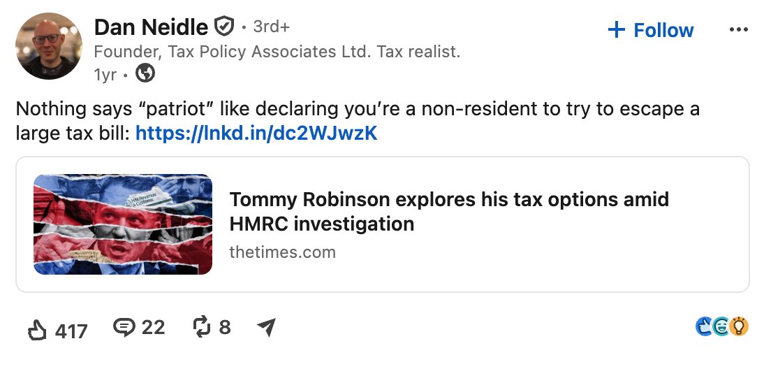 Dplanet's tweet photo. What the tax actually points to

Tax specialist Dan Neidle, of Tax Policy Associates, ran the numbers. The corporation tax figure implies company profits of roughly £1.67 million.

His estimate: on a best-case reading, Robinson personally owes around £692,000 in income tax - close to £800,000 with interest. If HMRC finds the errors were deliberate, penalties push it into the millions.

[Source: Dan Neidle / Tax Policy Associates]