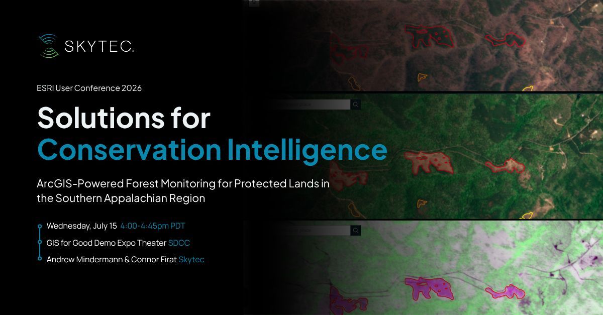 skytecllc's tweet photo. Join us at @EsriUC on 7/15 to see how one of our nonprofit clients monitors 120,000 sq. km of federal lands with Ranger using @PlanetLabs imagery and delivered inside ArcGIS.

Session details → https://t.co/5o7vuCacPT 

#EsriUC #MonitorWhatMatters #EnvironmentalIntelligence https://t.co/i7pj963meG