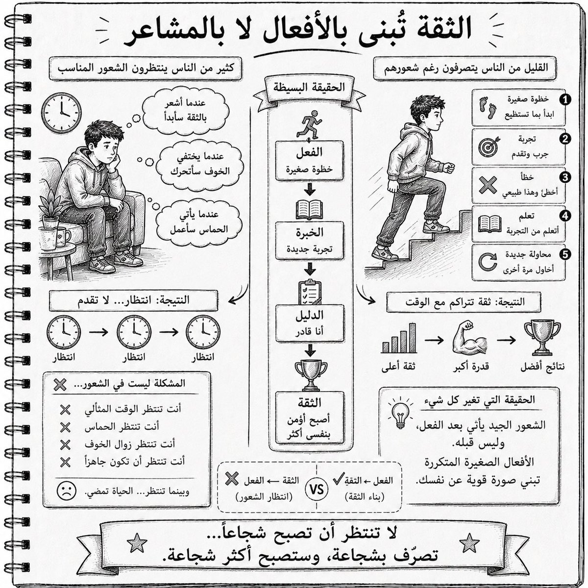 AlalawiAnwar's tweet photo. الثقة تُبنى بالأفعال لا بالمشاعر 

كثير من الناس يبحثون عن الشعور المناسب قبل أن يتحركوا. 

يريدون أن يشعروا بالحماس.  أو بالشجاعة.  أو بالثقة. 

لكن الحياة لا تعمل بهذه الطريقة. 

الشعور يأتي بعد الفعل أكثر مما يأتي قبله. 

لا تنتظر أن تشعر بالثقة لتتحدث. 
تحدث... وستبني الثقة. 

لا تنتظر أن تشعر بالانضباط لتبدأ. 
ابدأ... وسيتشكل الانضباط. 

لا تنتظر أن تختفي مخاوفك. 
تحرك رغم وجودها. 

الأفعال الصغيرة المتكررة تغيّر صورتك عن نفسك. 

ومع الوقت تقول لنفسك: 
"لقد فعلتها من قبل... ويمكنني فعلها مرة أخرى." 

وهنا تبدأ الثقة الحقيقية. 

#الثقة_بالنفس  #تطوير_الذات  #العادات  #النجاح