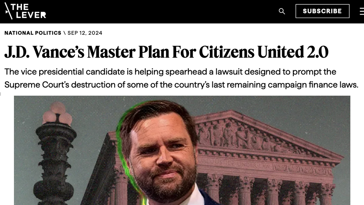 davidsirota's tweet photo. For the last 2 years, @LeverNews has been warning about this case spearheaded by JD Vance - it is his plot to create Citizens United 2.0 and destroy what remains of America's anti-corruption laws. 

Today, the Supreme Court gave Vance the ruling he sought. https://t.co/HPlepYR5xT