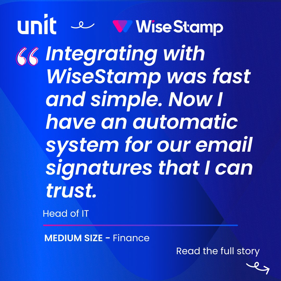WiseStamp's tweet photo. In fintech, trust is built through your product, and every customer interaction.
Including every email your employees send.
When Unit Finance outgrew manual email signature management, they weren't just looking for a way to save time.

They needed a solution that could:
⚙️ Eliminate manual setup
🛡️ Meet enterprise security standards
🎯 Keep every email consistent and compliant
📈 Give Marketing the freedom to run campaigns without relying on IT

The result?
An automated email signature system their Head of IT could trust.
"Integrating with WiseStamp was fast and simple. Now I have an automatic system for our email signatures that I can trust."
Read how Unit Finance simplified email signature management for their employees while keeping Marketing and IT aligned.

Link in the comments 👇