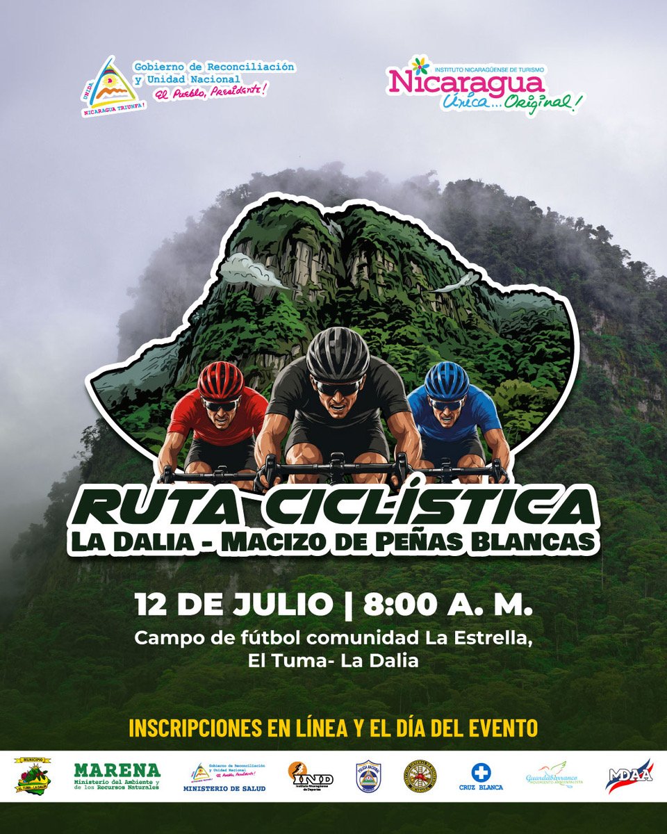 InturMatagalpa's tweet photo. Se parte de la Ruta Ciclística La Dalia – Macizo de Peñas Blancas, recorrido diseñado para disfrutar de la naturaleza, los paisajes y la emoción del ciclismo de montaña.

Domingo 12 de julio 2026.
Comunidad La Estrella, El Tuma–La Dalia.
8:00 am.

👉 https://t.co/VQ7qCfuAlJ https://t.co/jDPUQXVaT5