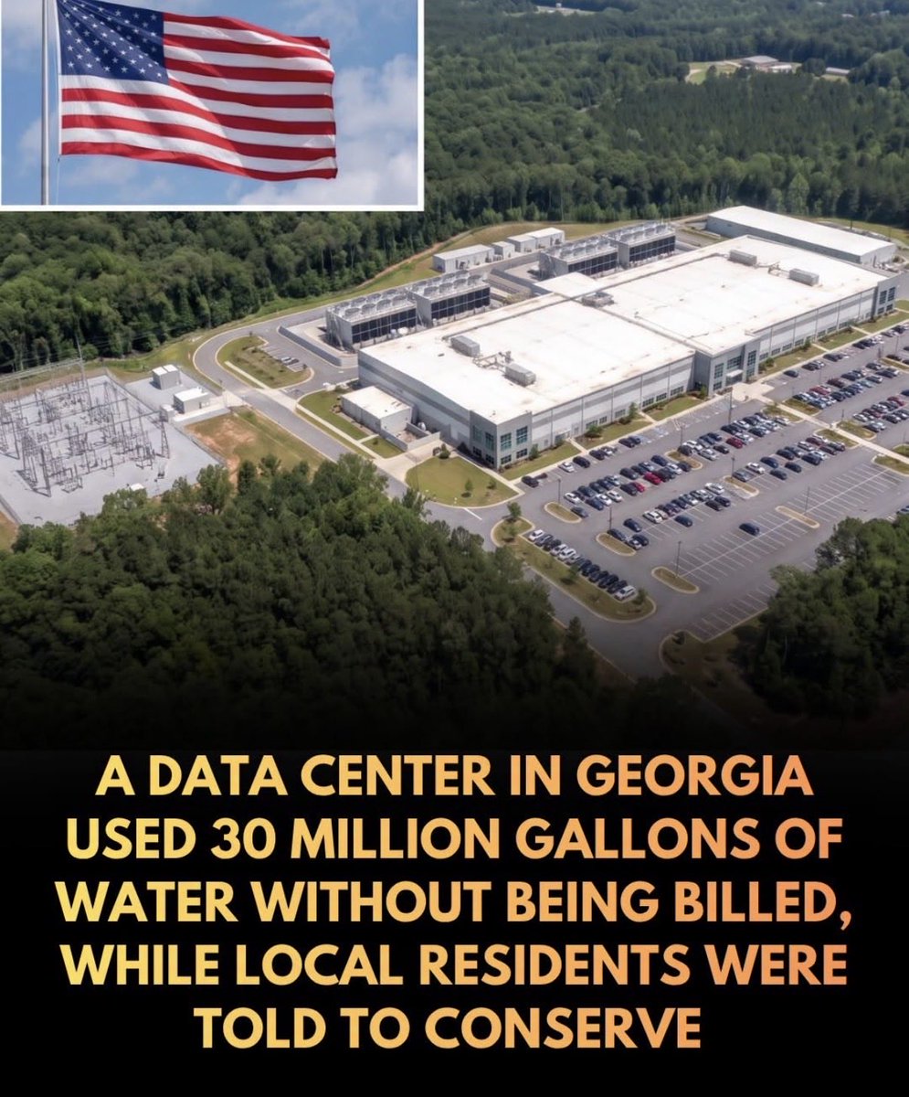 AnnieForTruth's tweet photo. A massive data center in Fayetteville, Georgia drained nearly 30 million gallons of water without being billed, sparking an outrage of local residents who were asked to conserve water during a drought. https://t.co/2PUT5DonjL https://t.co/yhGuydEVZs