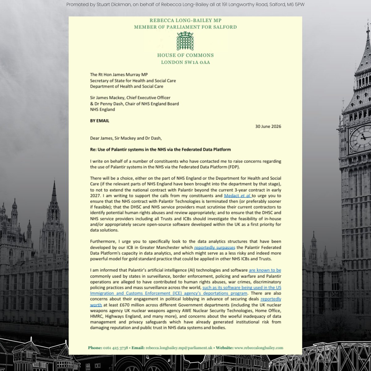 RLong_Bailey's tweet photo. I’ve written to Ministers and NHS England urging them to end the NHS contract with Palantir, protect patient data, and explore ethical, UK-based alternatives, including the innovative data work already being developed here in Greater Manchester. 👇 https://t.co/e82qv6LYIg