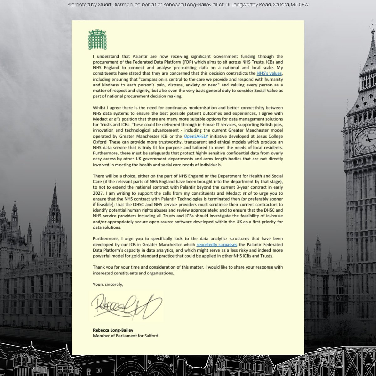 RLong_Bailey's tweet photo. I’ve written to Ministers and NHS England urging them to end the NHS contract with Palantir, protect patient data, and explore ethical, UK-based alternatives, including the innovative data work already being developed here in Greater Manchester. 👇 https://t.co/e82qv6LYIg