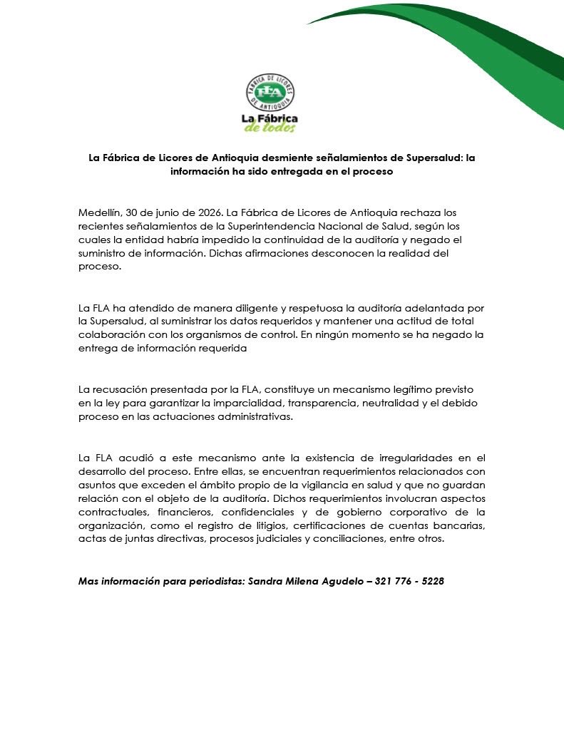 flaenlinea's tweet photo. #Comunicado | La Fábrica de Licores de Antioquia desmiente señalamientos de @Supersalud: la información ha sido entregada en el proceso https://t.co/Pw5ySDC1gO