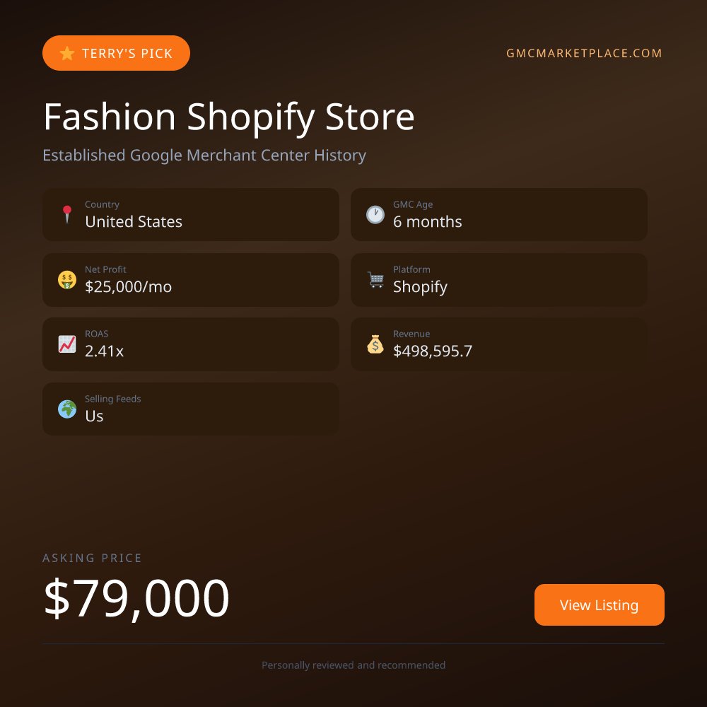 gmcmarketplace's tweet photo. I just came across something in the fashion niche that might change your perspective on e-commerce.

Imagine a Shopify store generating $25,000 in profit every month...

With a solid 6-month Google Merchant Center history, it’s making waves with a ROAS of 2.41x.

What’s your take on diving into this opportunity?