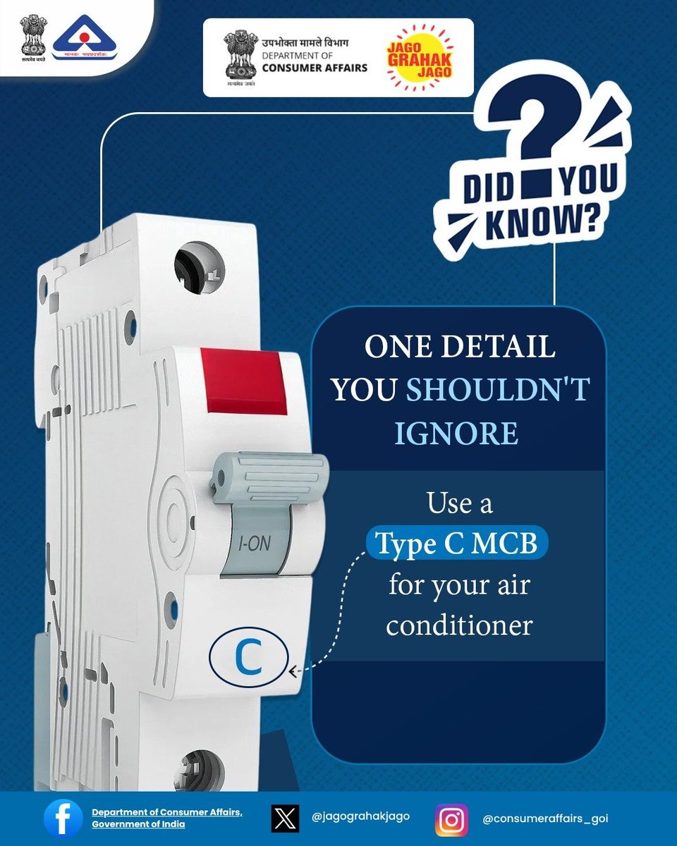 jagograhakjago's tweet photo. Protect your AC with the right MCB. ⚡❄️ A Type C MCB is designed to handle the higher starting current of AC compressors, providing safer operation and reliable protection. Follow proper electrical practices as per Indian standards.
#ACSafety #IndianStandards #ISI #jagograhakjago #ElectricalSafety #MCB