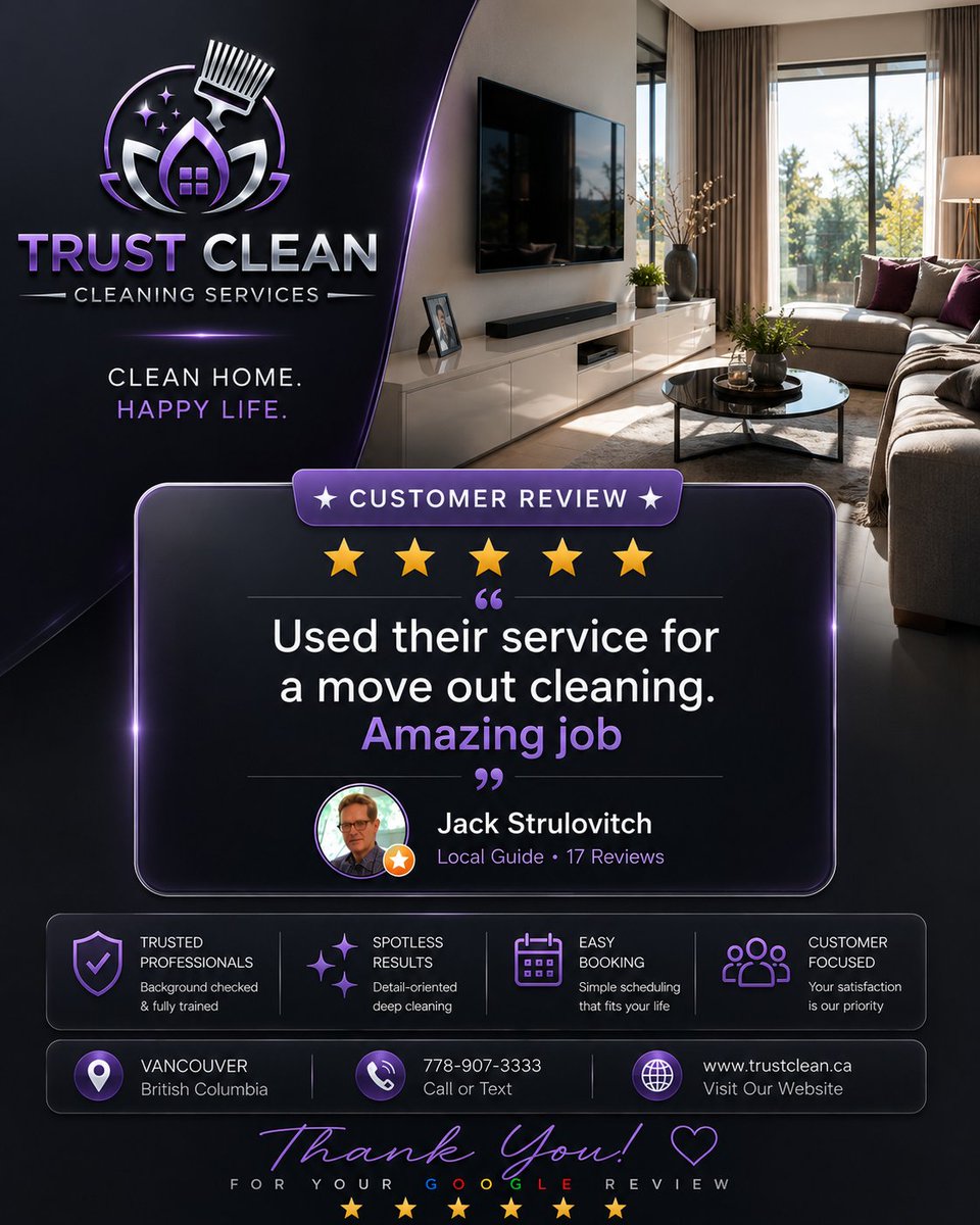 trustcleanvan's tweet photo. βββββ
Nothing builds trust like a happy client.
Thank you for your 5-star review and for choosing Trust Clean for your move-out cleaning. π
π Vancouver, BC
#VancouverCleaning #TrustClean #MoveOutCleaning #GoogleReviews #5StarService https://t.co/NLL1YwZfRq