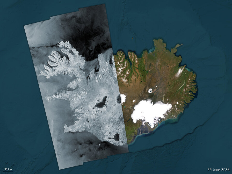 AndrewParsonson's tweet photo. After 12 years, the Sentinel‑1A satellite has officially been retired. It was the first launched as part of the European Union’s Copernicus Earth observation programme. These images of western Iceland and Melbourne in Australia were the last two radar images the satellite returned before it was retired. 
Image credit: ESA