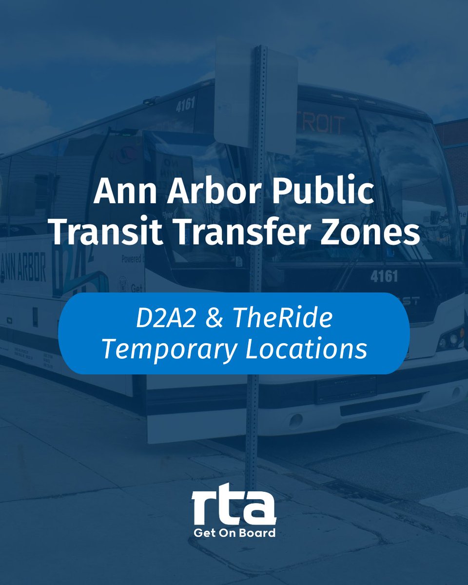 RTAmichigan's tweet photo. ICYMI: The D2A2 stop in downtown Ann Arbor has moved due to construction, but that won't disrupt our connection to @CatchTheRide. 🚌

The new D2A2 stop is 500 E. Washington Street between State &amp; Division streets, a three-minute walk from TheRide's temporary boarding locations. https://t.co/rZ6Z0sQa19