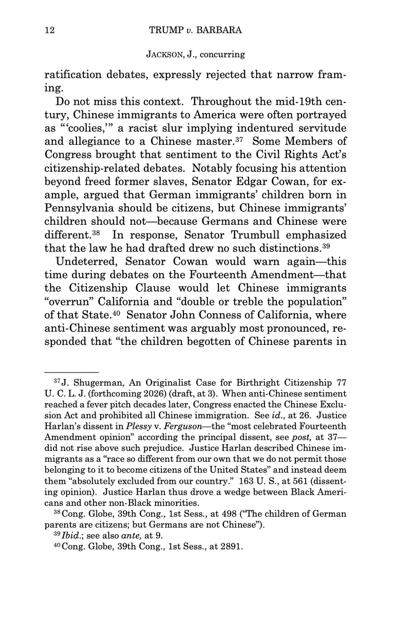jedshug's tweet photo. The Supreme Court STRIKES DOWN Trump's anti-birthright executive order.
I was honored that Sotomayor cited 5 of my articles in her Slaughter dissent yesterday.
It's a sweeter honor today as Jackson cited my historical work supporting birthright, p. 12-13, forthcoming in UC L.J. https://t.co/Goj875jXZz