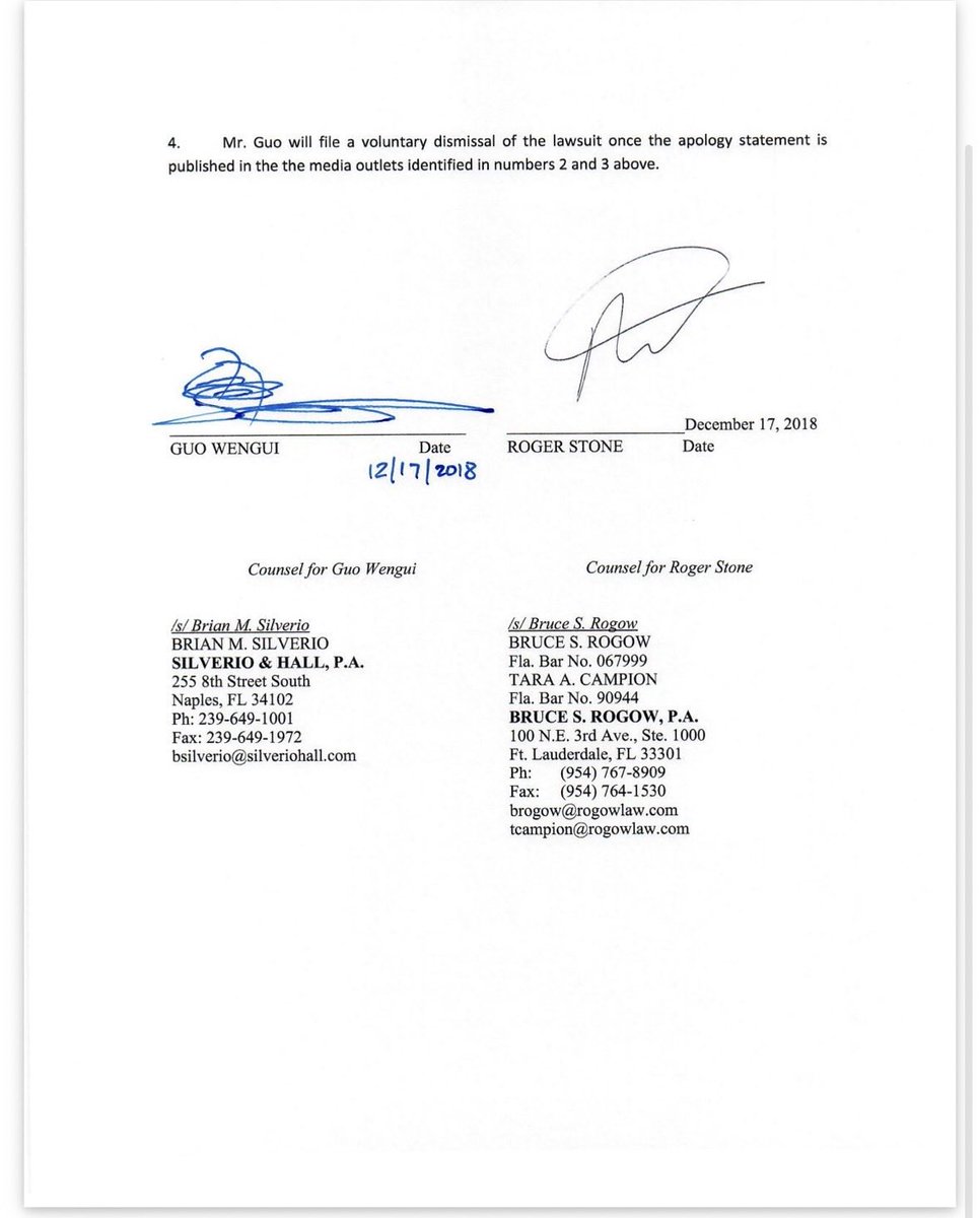 EllisSm77336657's tweet photo. @RogerJStoneJr This 2018 legal document is a joint settlement agreement where Roger Stone apologizes and retracts his defamatory statements against Guo Wengui. https://t.co/EpZTK9R9uL