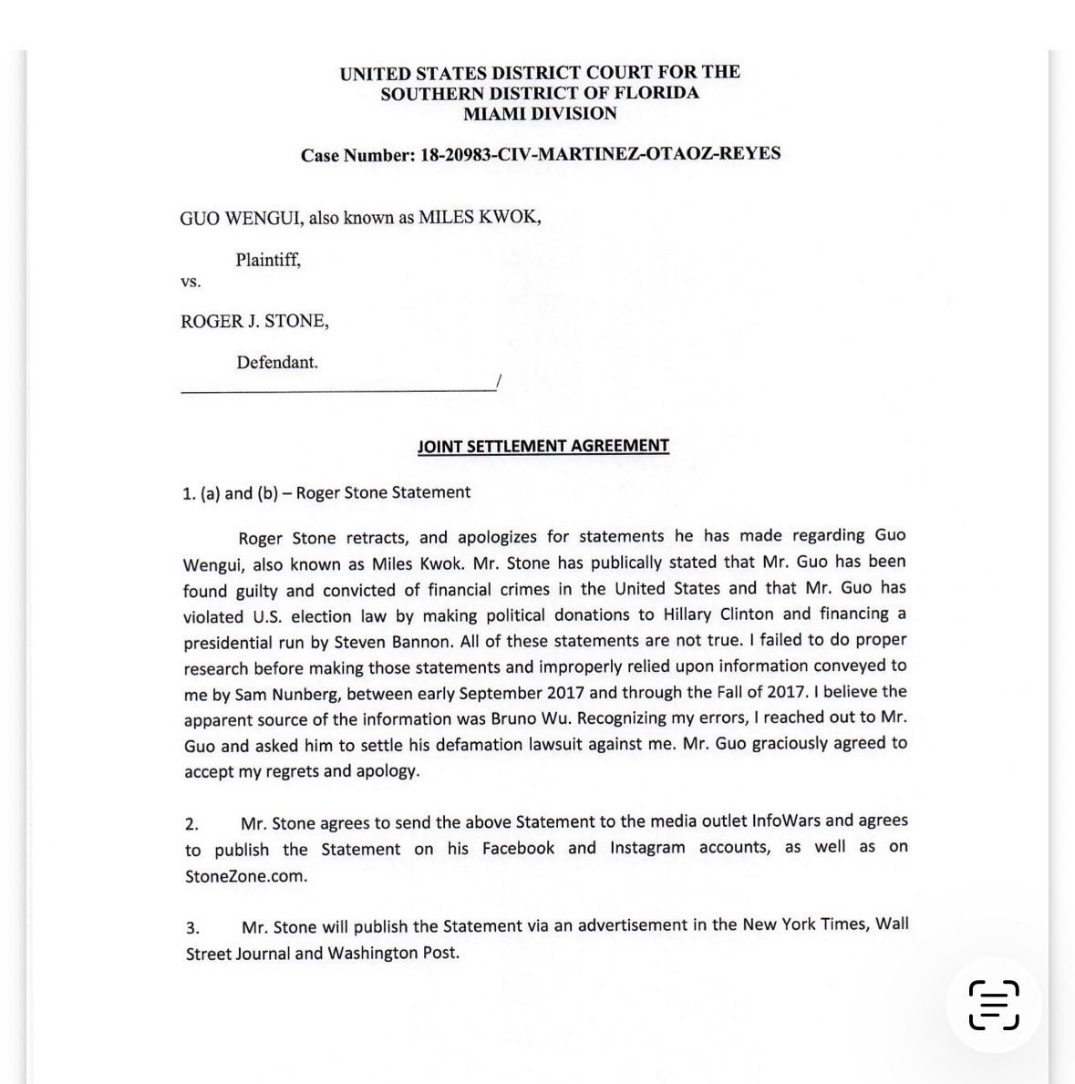 EllisSm77336657's tweet photo. @RogerJStoneJr This 2018 legal document is a joint settlement agreement where Roger Stone apologizes and retracts his defamatory statements against Guo Wengui. https://t.co/EpZTK9R9uL